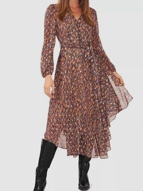 Vince Camuto Long Sleeve V-Neck Printed Midi Dress With Gold Accents Size M
